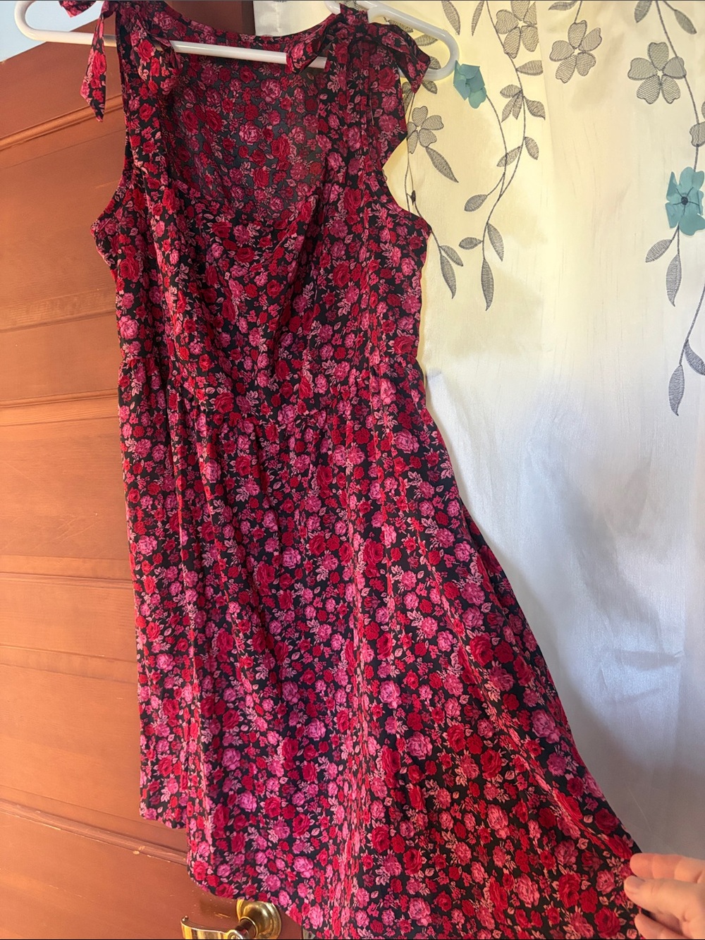 SHEIN Pink Floral Shoulder Bows Mini Dress on Black